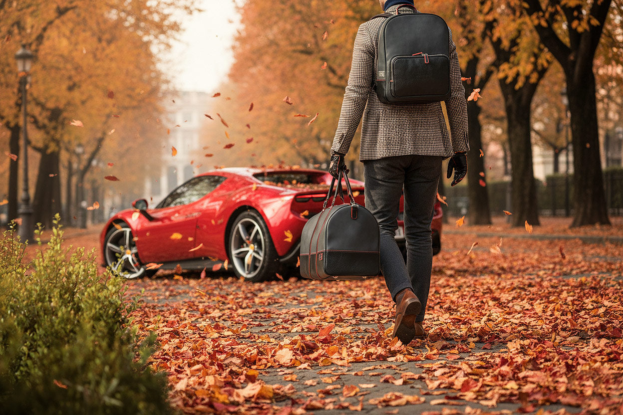 red and black Driving gloves, with a duffle bag and leather backpack. In the background a Ferrari.