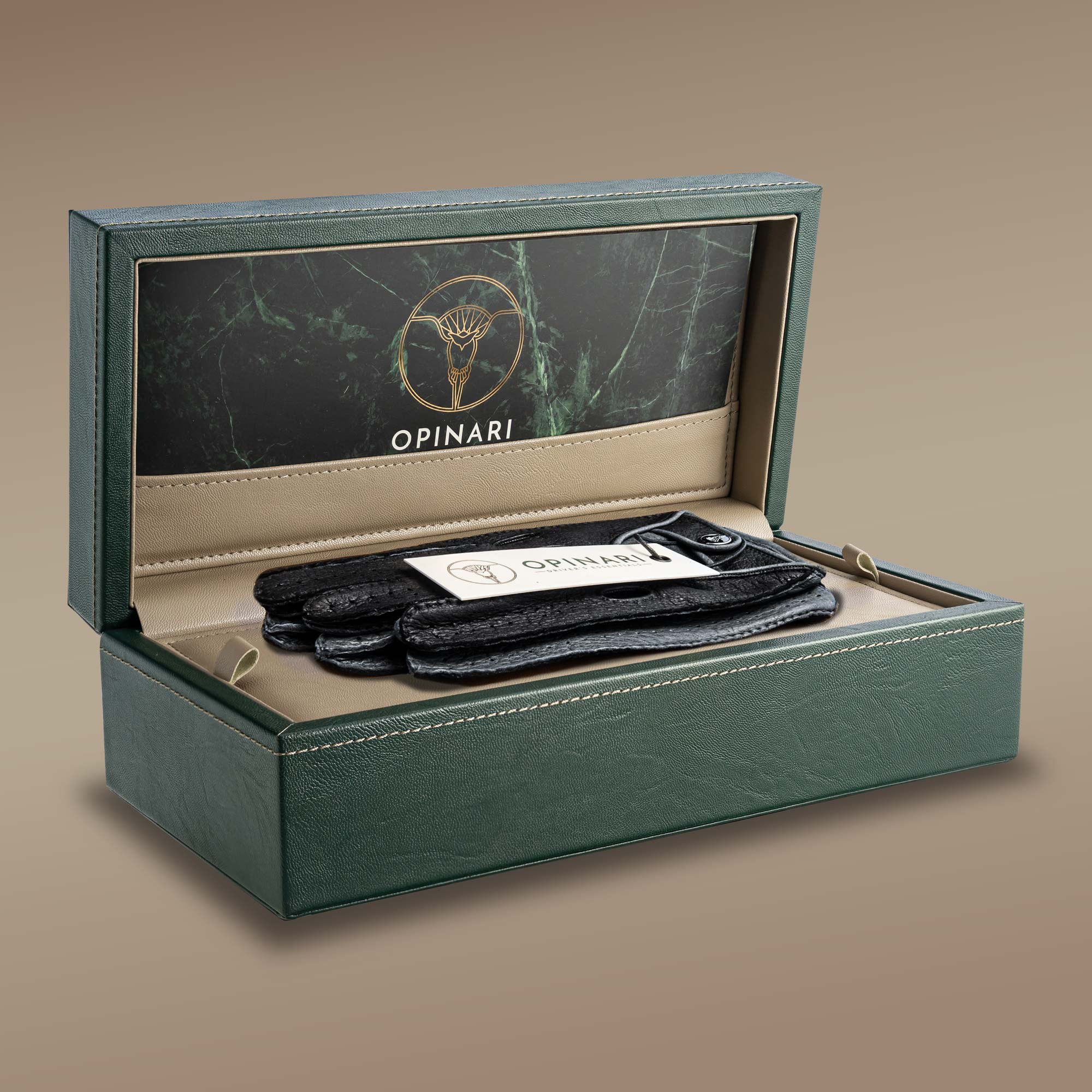 Black grey Italian handcrafted driving gloves inside a watch box