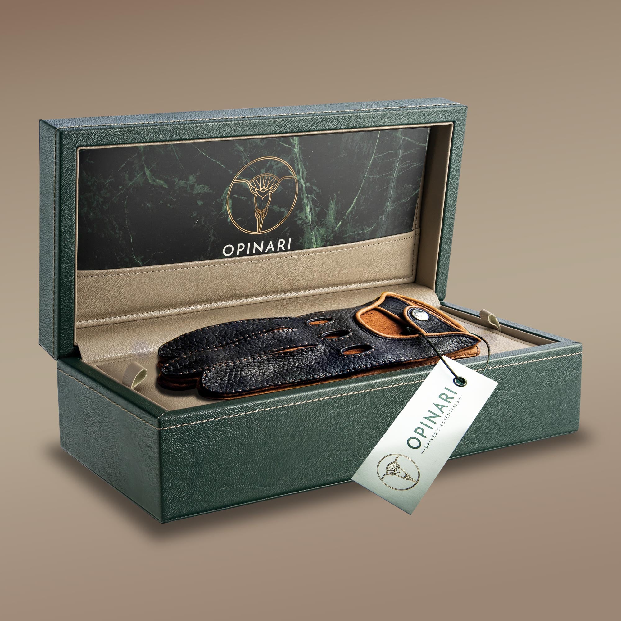 Open green leather box containing a pair of black and brown leather products with 'Opinari' branding.