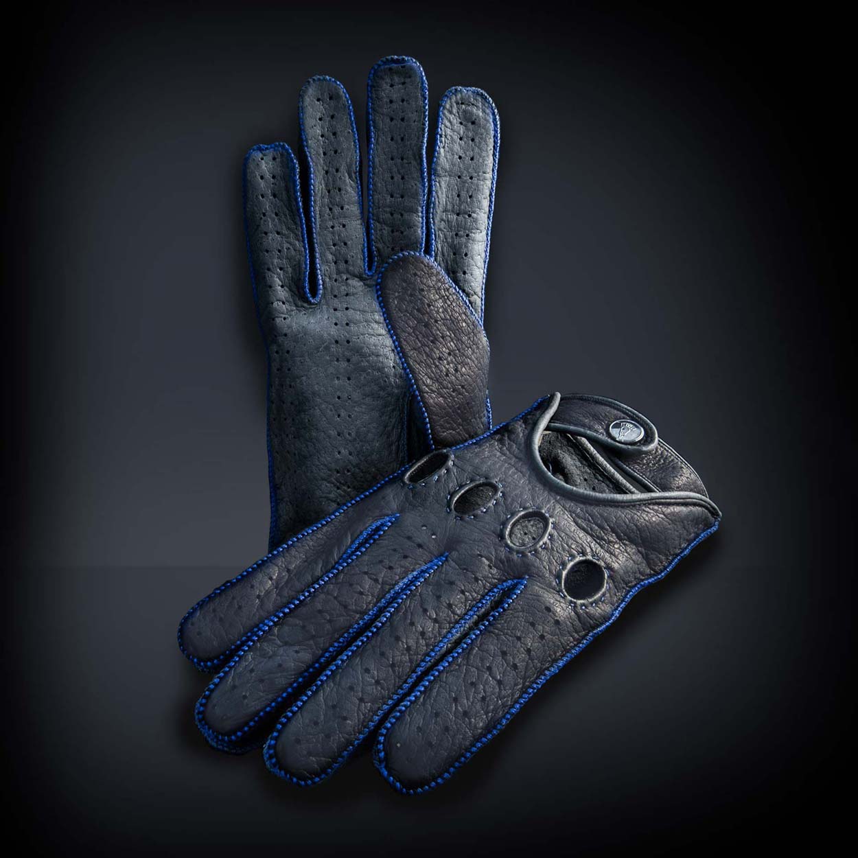 Blue grey leather men's italian driving gloves