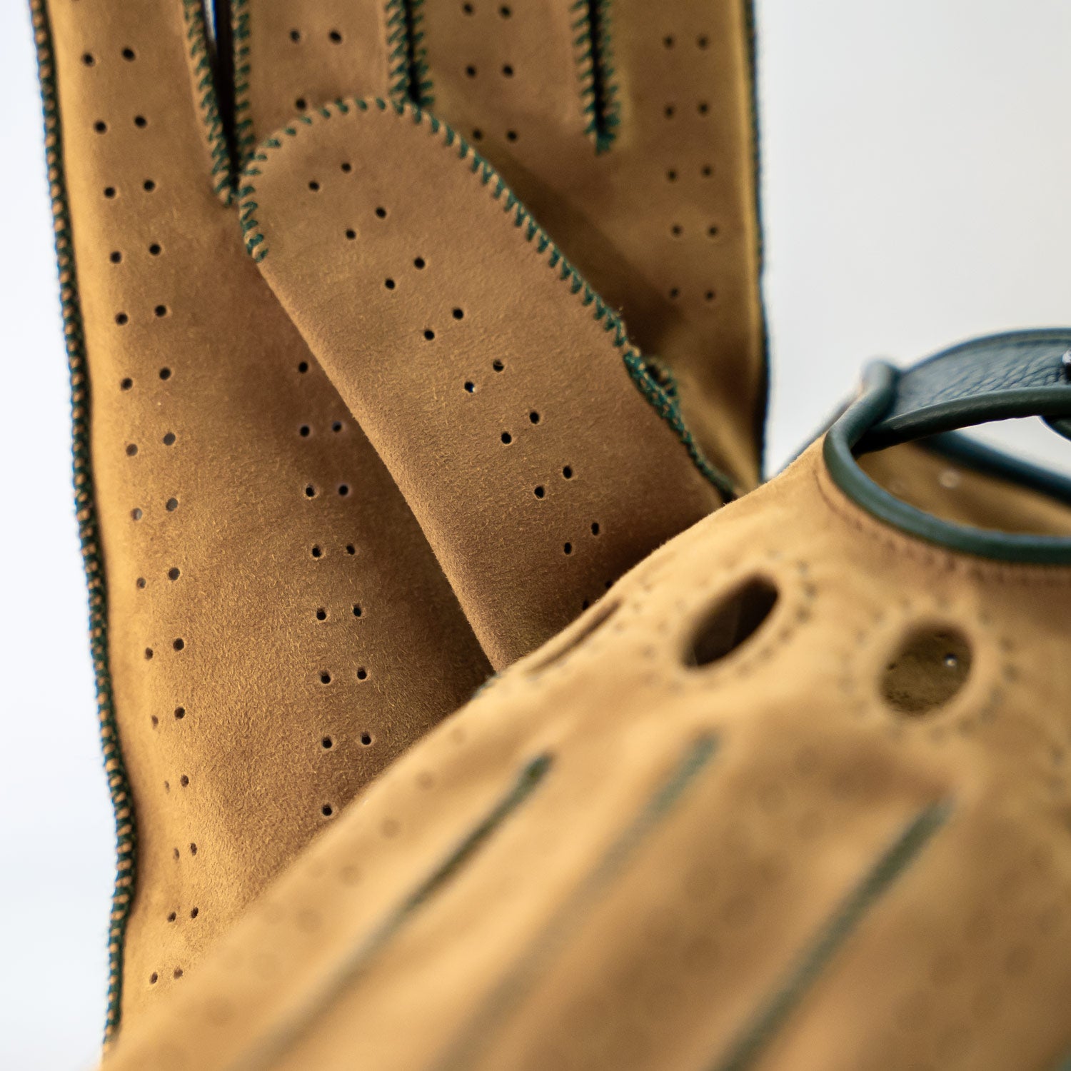 Camel brown dark green Italian suede driving gloves