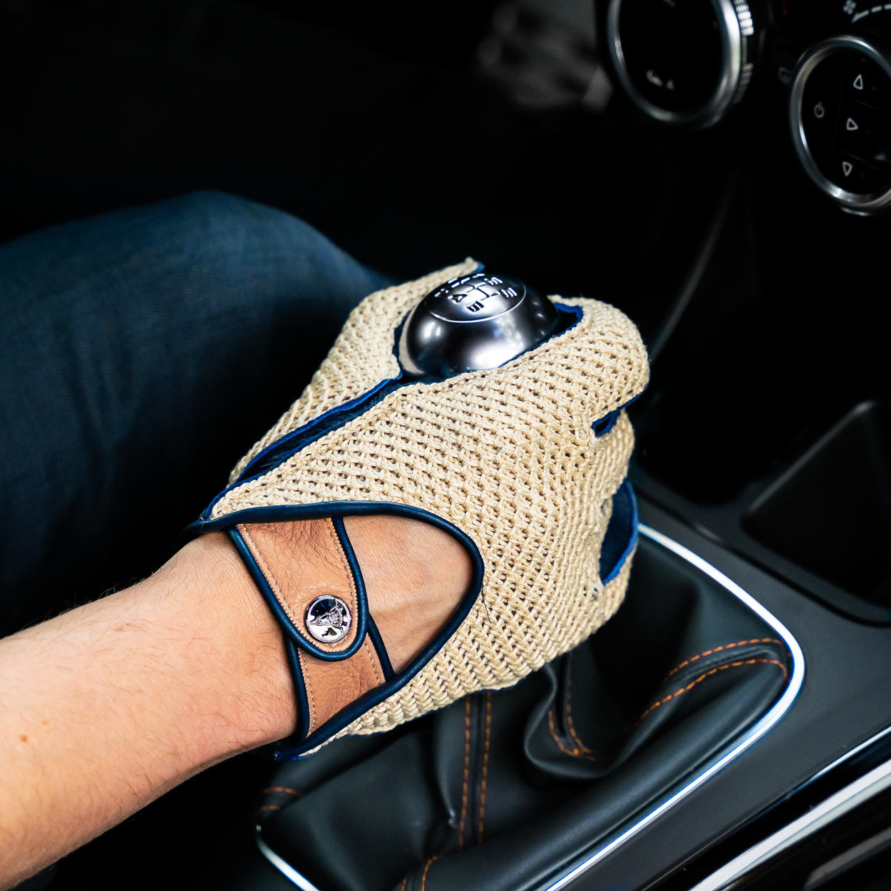 Crochet blue string back spago driving gloves