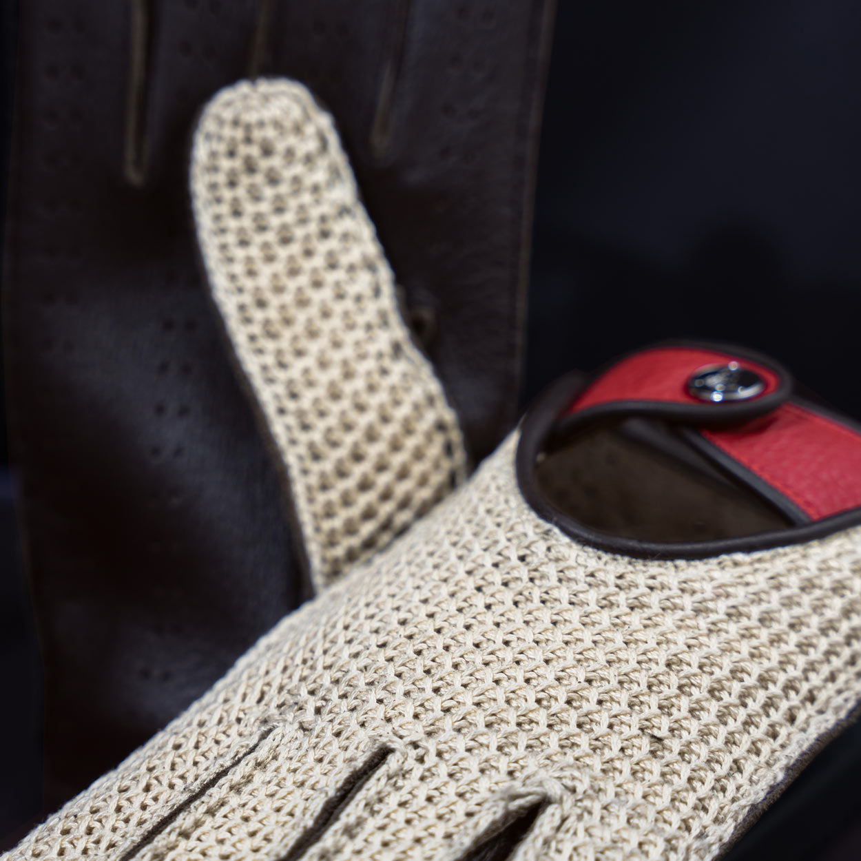 string back crochet driving gloves red white black