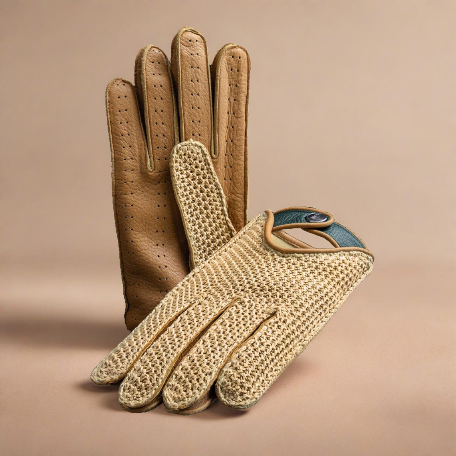 Crochet stringback beige italian men's leather driving gloves