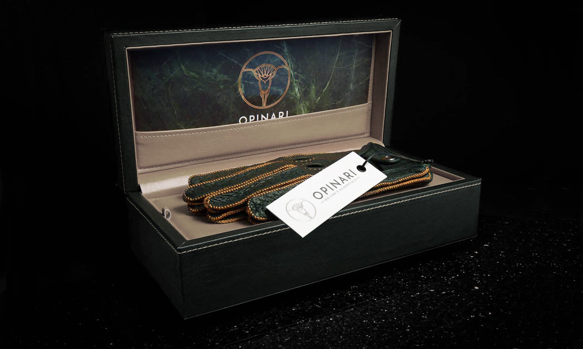 Green brown leather driving gloves inside a watch box
