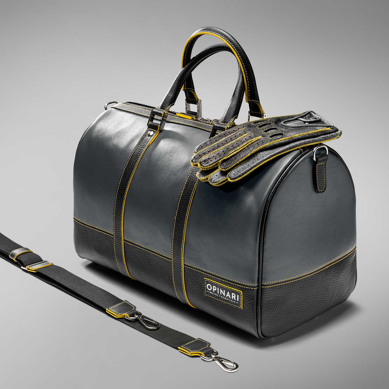Italian leather duffle bag in grey black with yellow details
