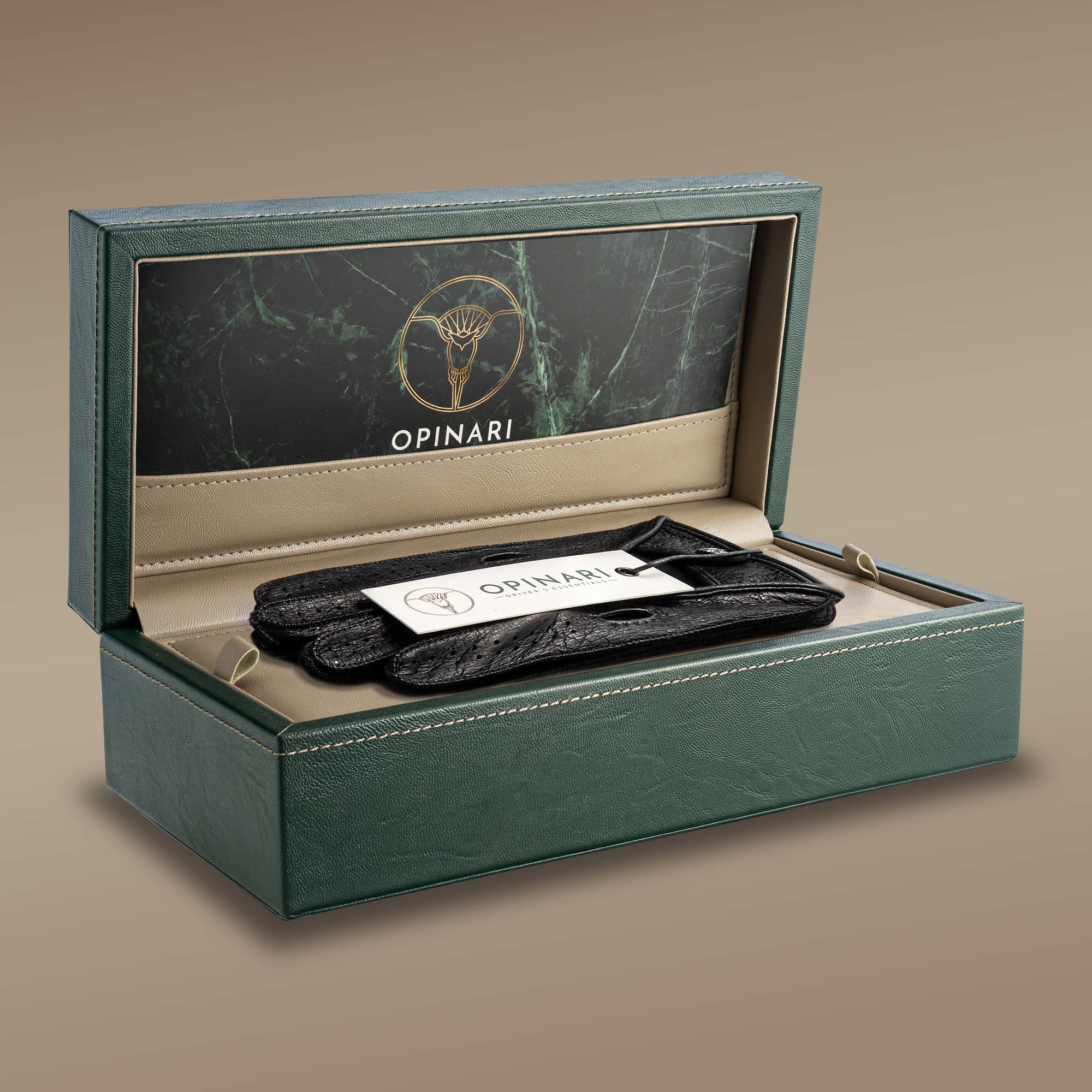 Full black peccary Italian handcrafted driving gloves inside a watch box