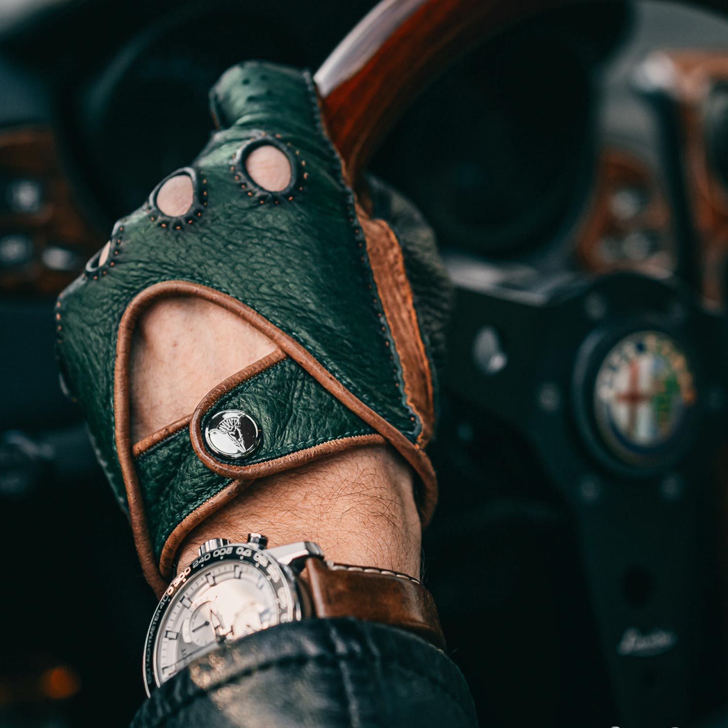 Green brown Italian leather driving gloves
