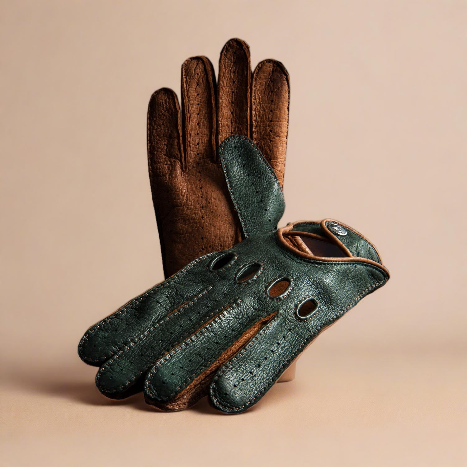 Green brown leather men driving gloves