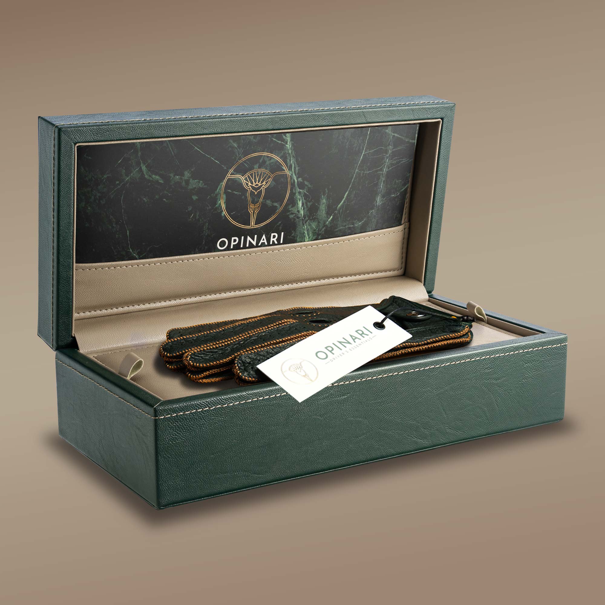 Green Italian handcrafted peccary driving gloves in green watchbox