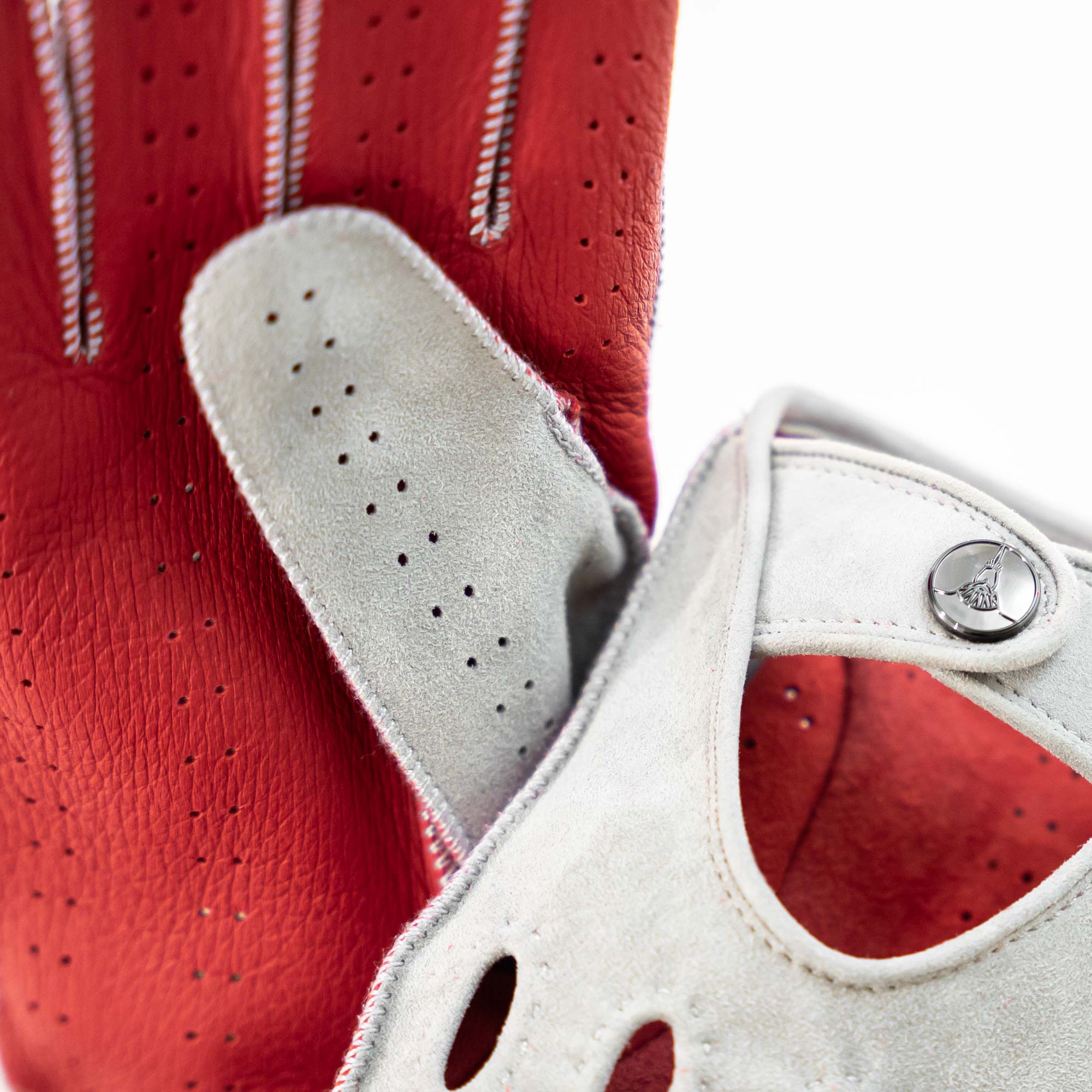 Red and grey or silver leather driving gloves