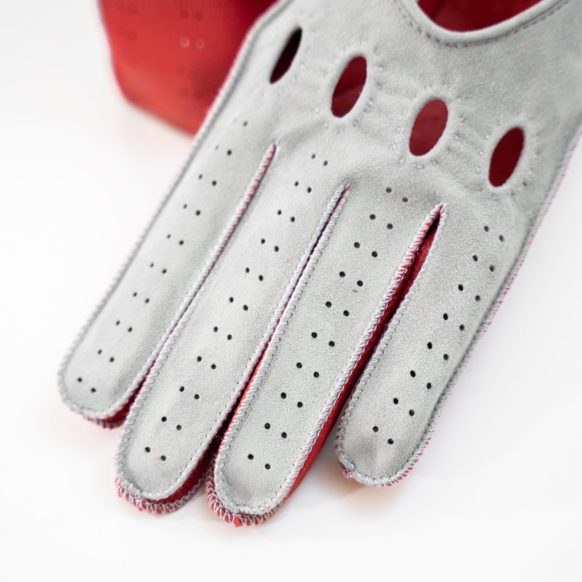 Grey red suede leather Italian driving gloves