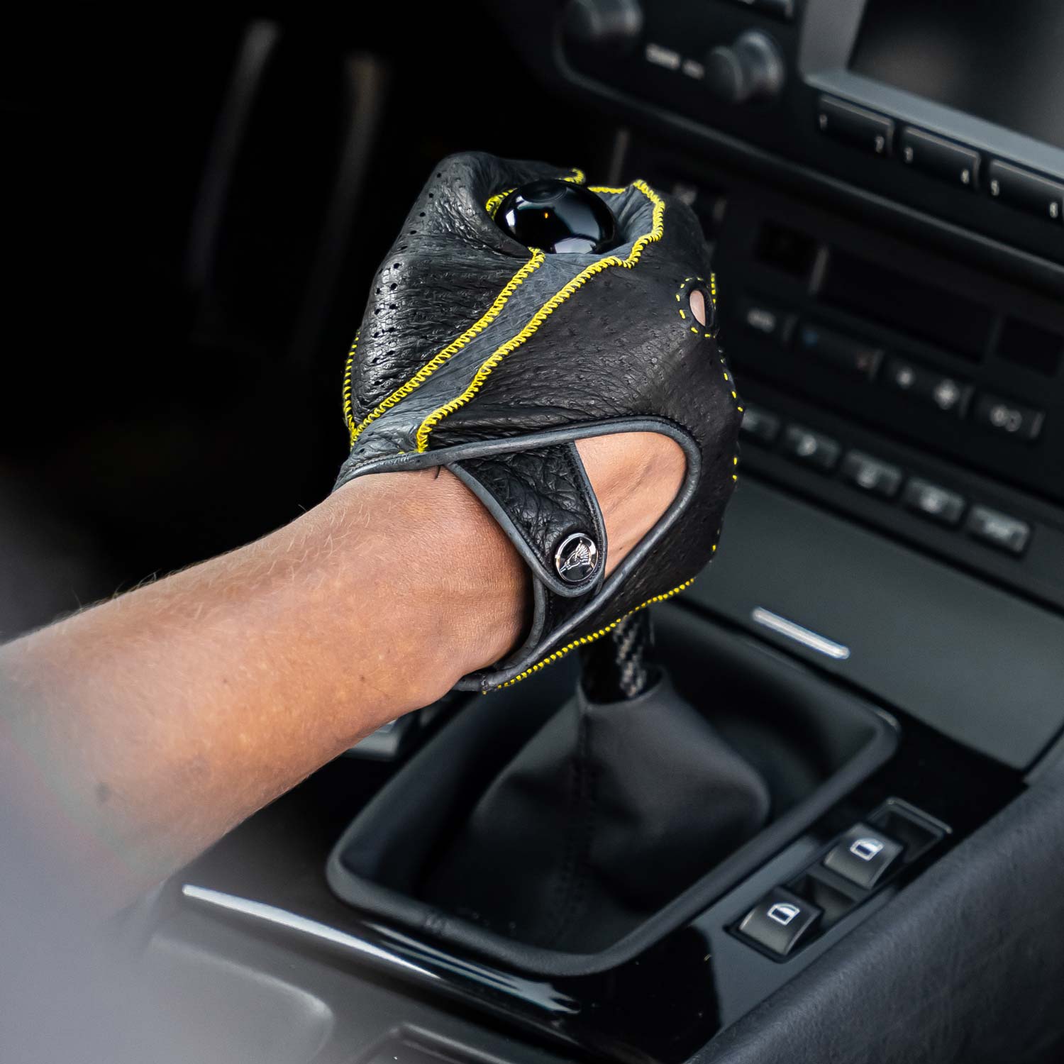 Leather Italian yellow black driving gloves