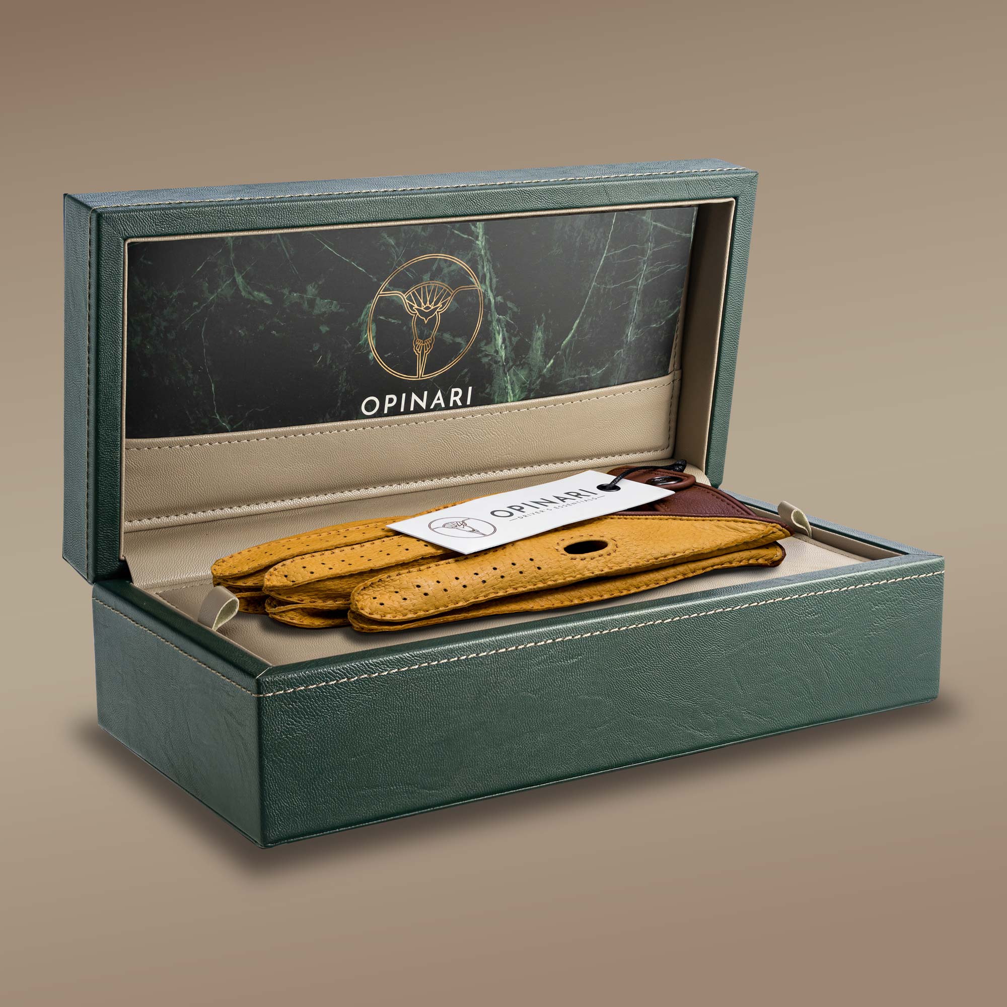 Yellow Italian peccary leather driving gloves inside a watchbox