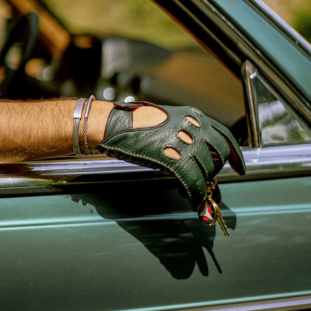 Driving gloves green brown custom made