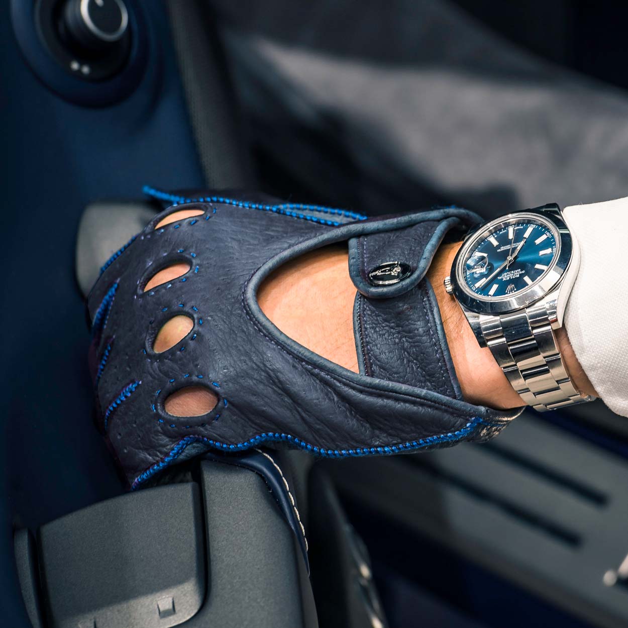 Blue grey leather men's italian driving gloves