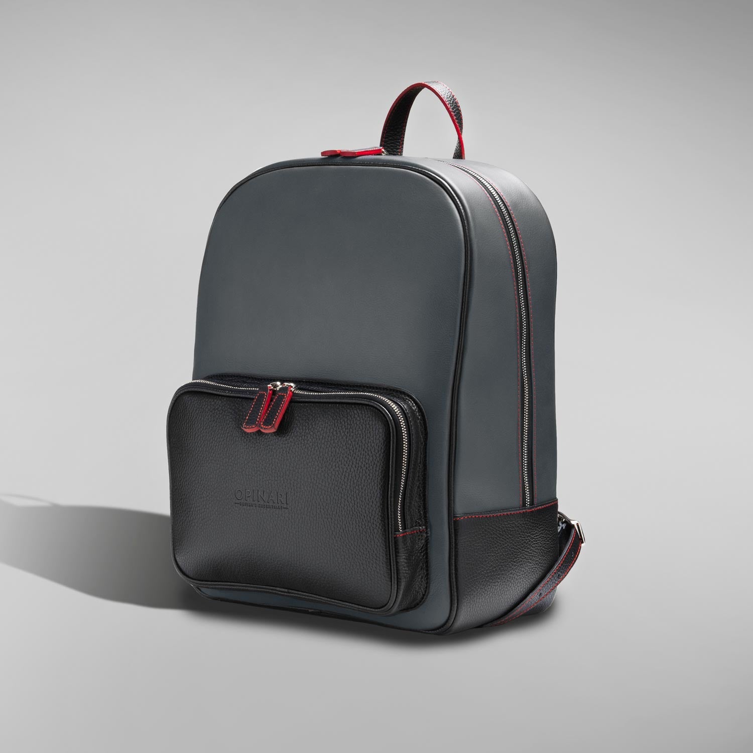 Leather backpack Italian grey black red details