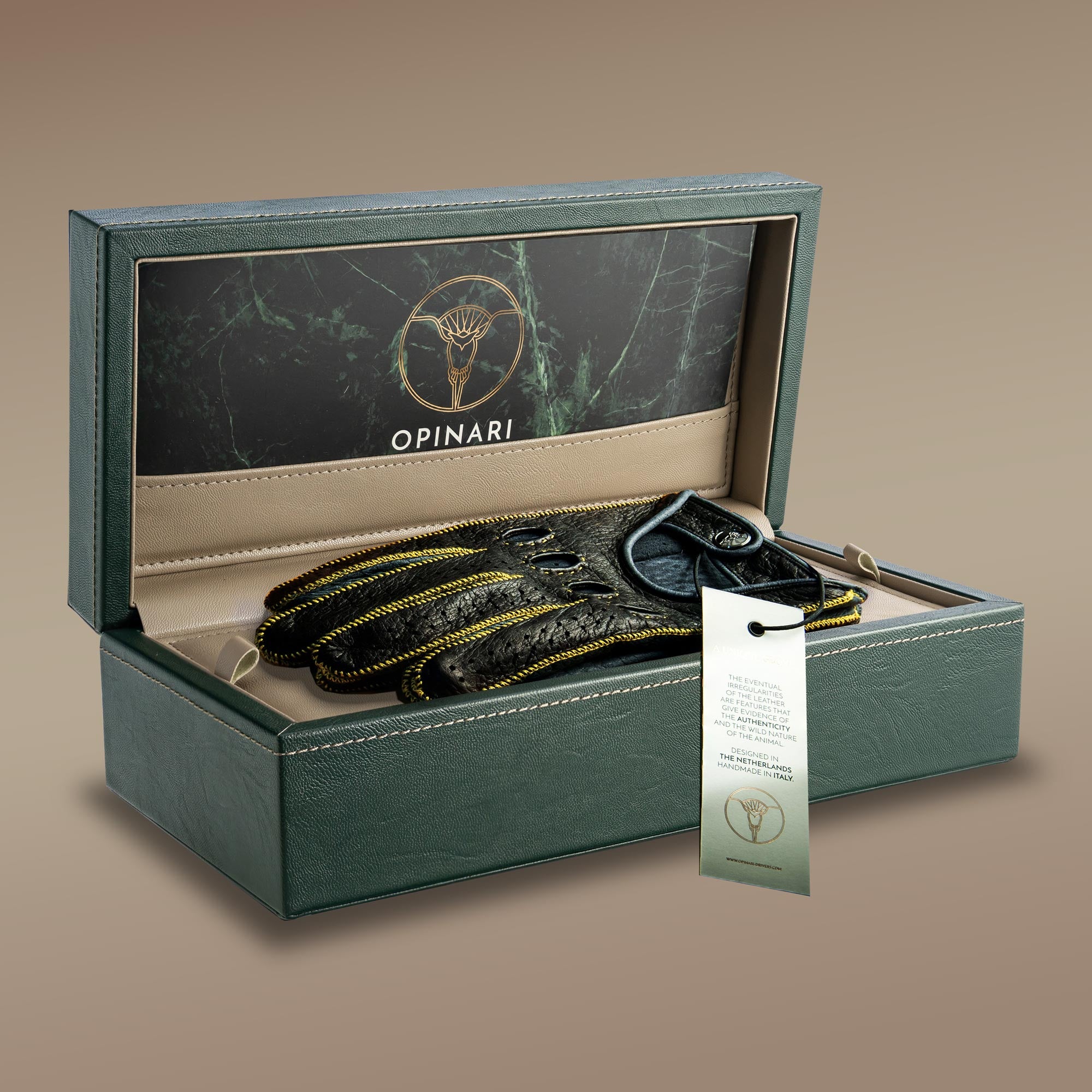 Black, grey yellow leather driving gloves in a green watchbox