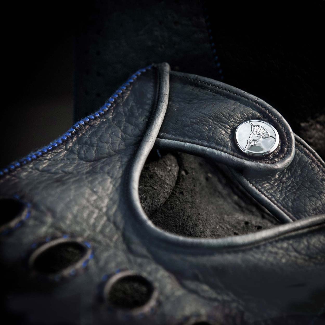 Blue grey leather men's italian driving gloves
