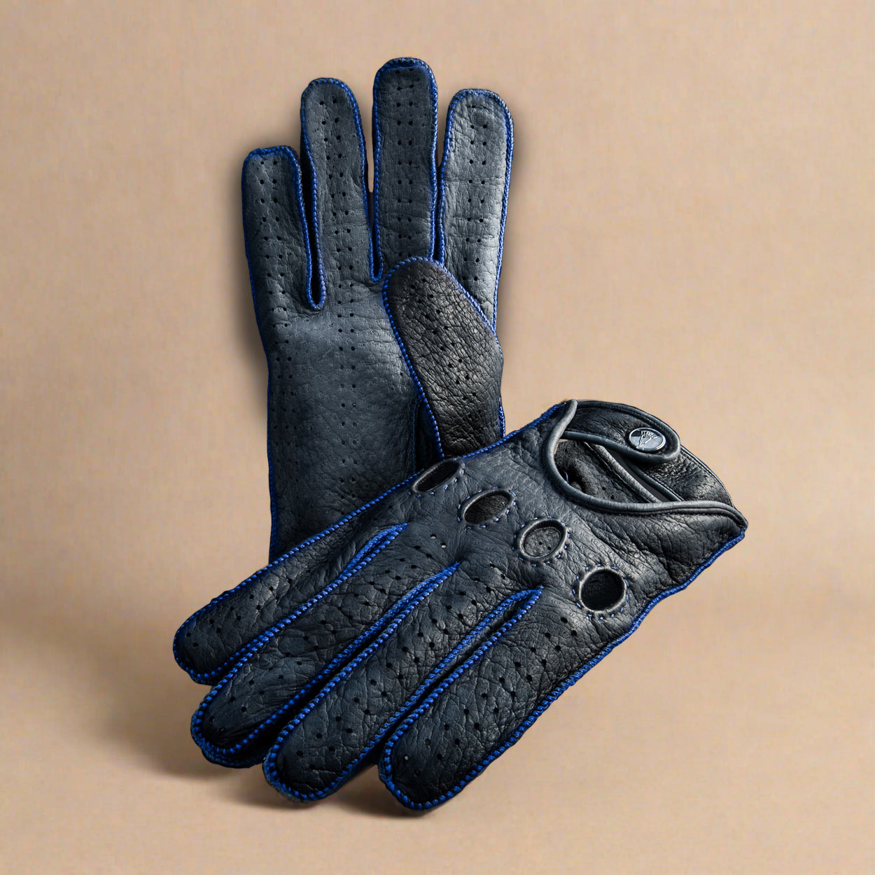 Leather driving gloves men blue grey