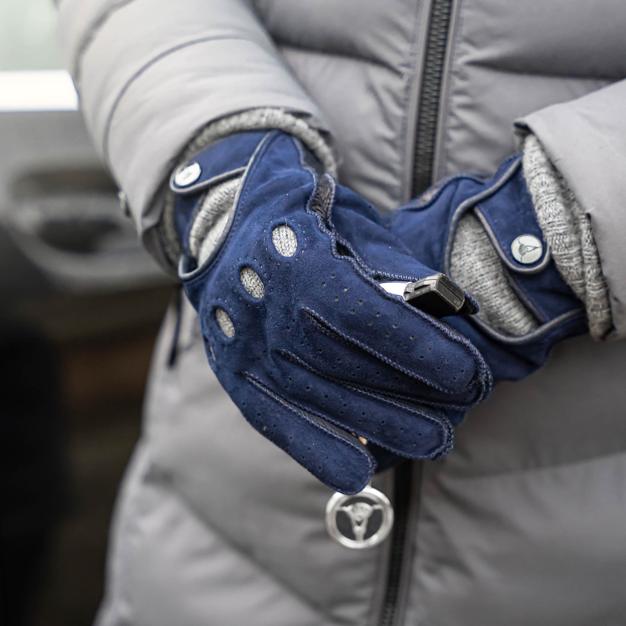 Blue suede peccary leather winter driving gloves with cashmere lining handmade in Italy