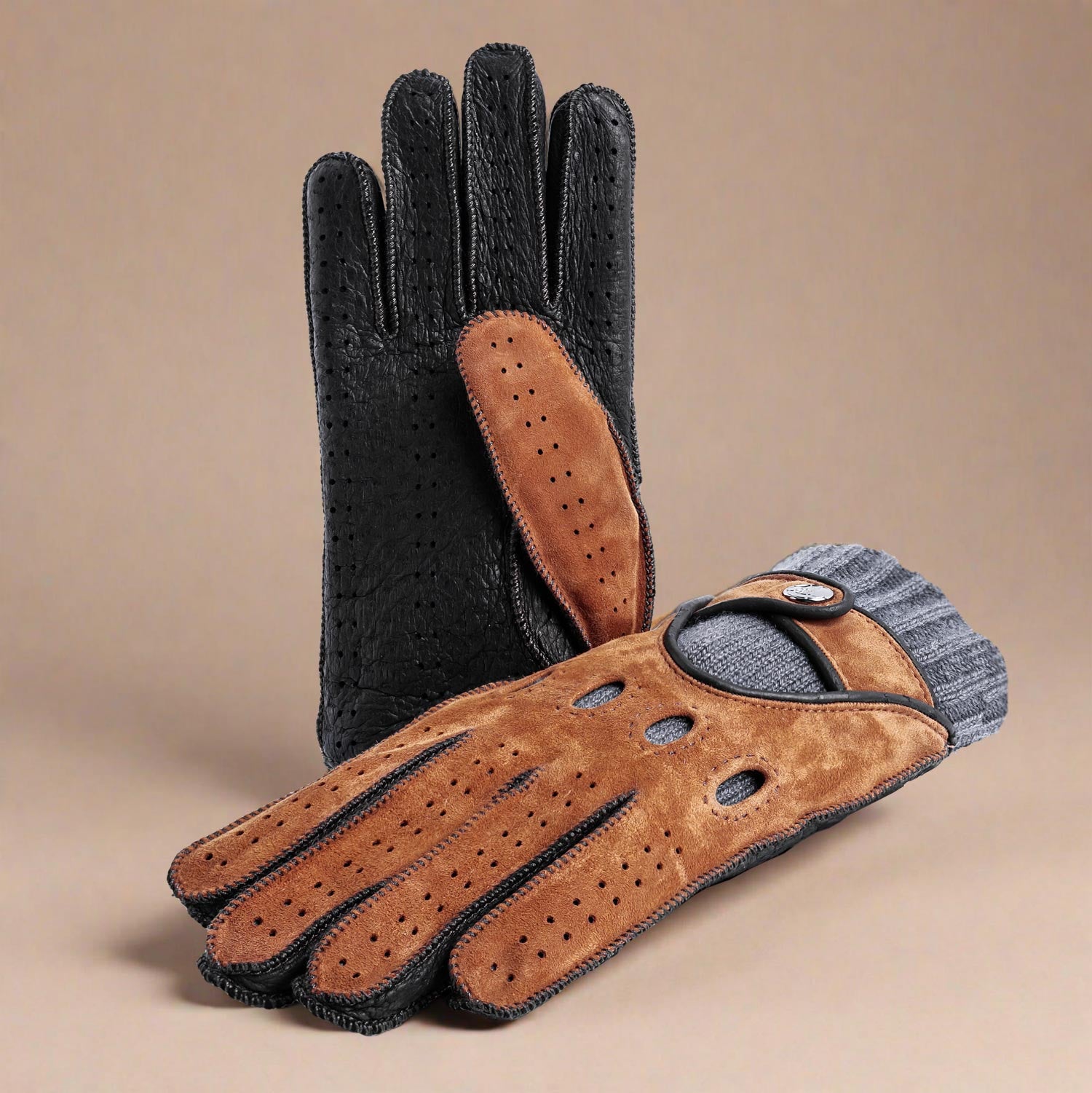 Winter driving gloves brown black leather