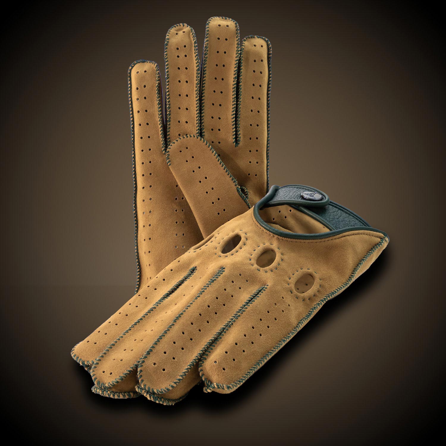 Camel brown dark green Italian suede driving gloves