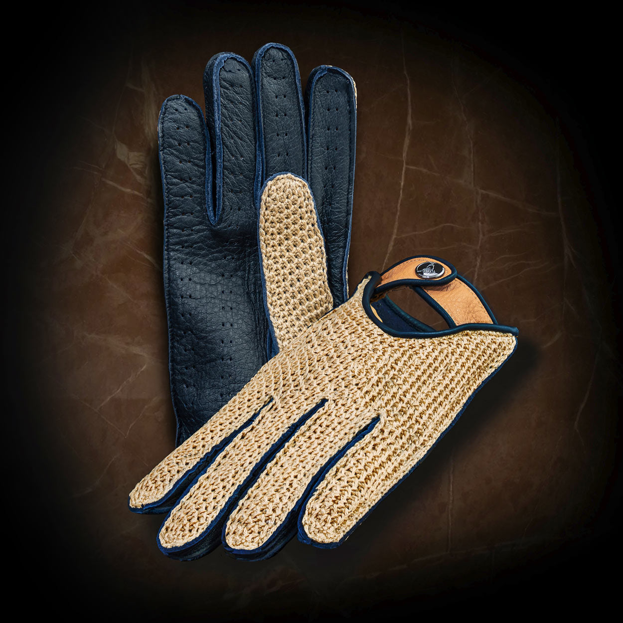 Crochet blue string back spago driving gloves