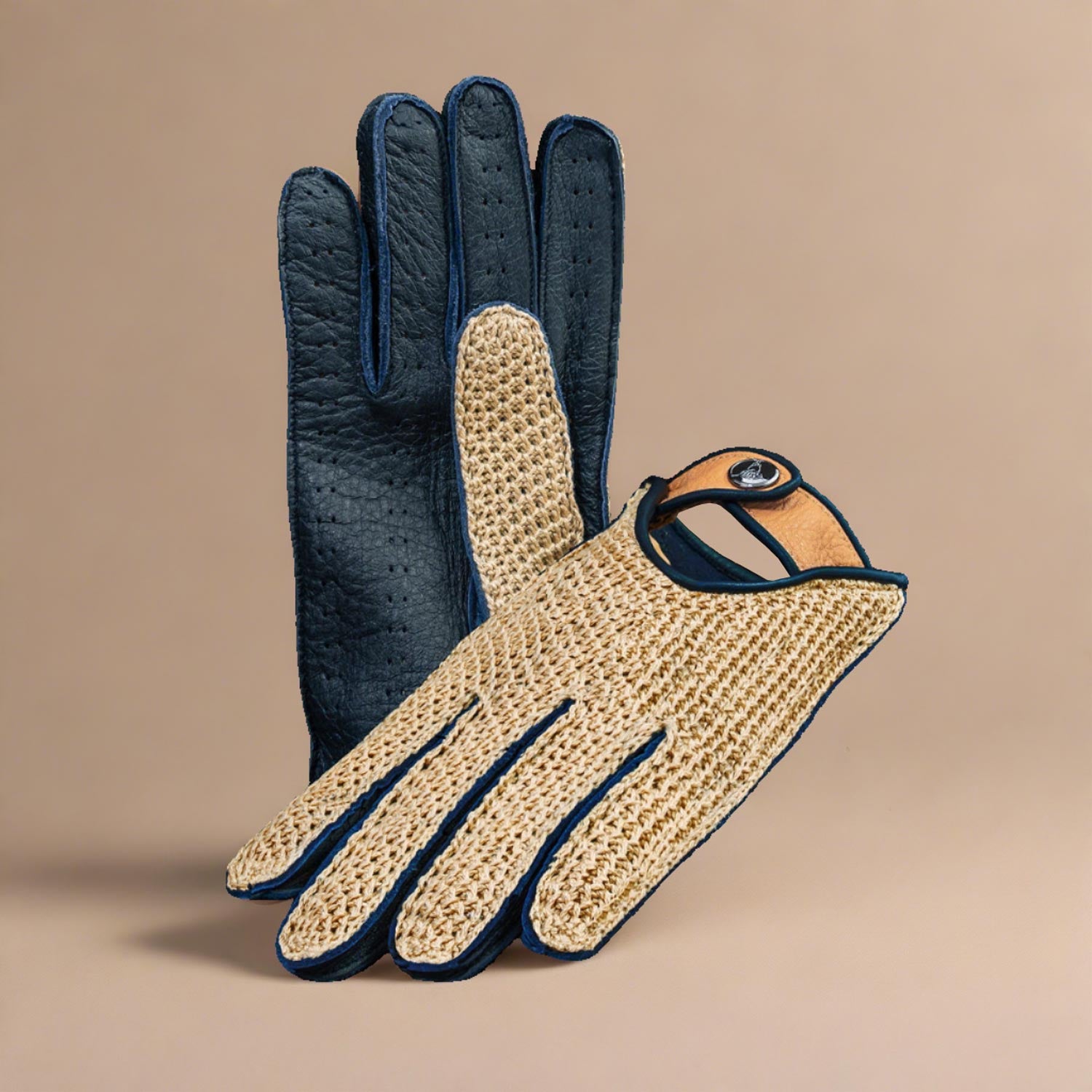 Crochet stringback beige blue men's leather driving gloves