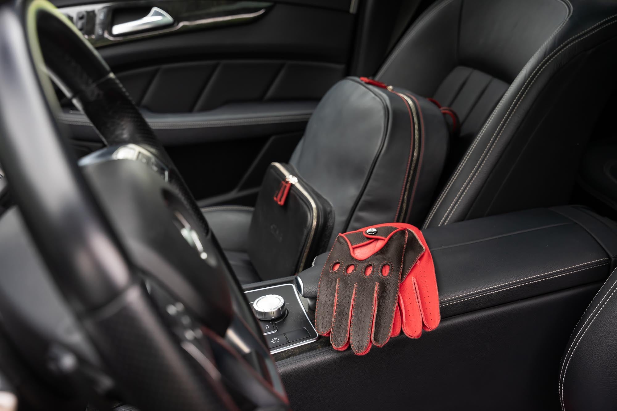Custom made driving gloves, red, black, Italian handcrafted.