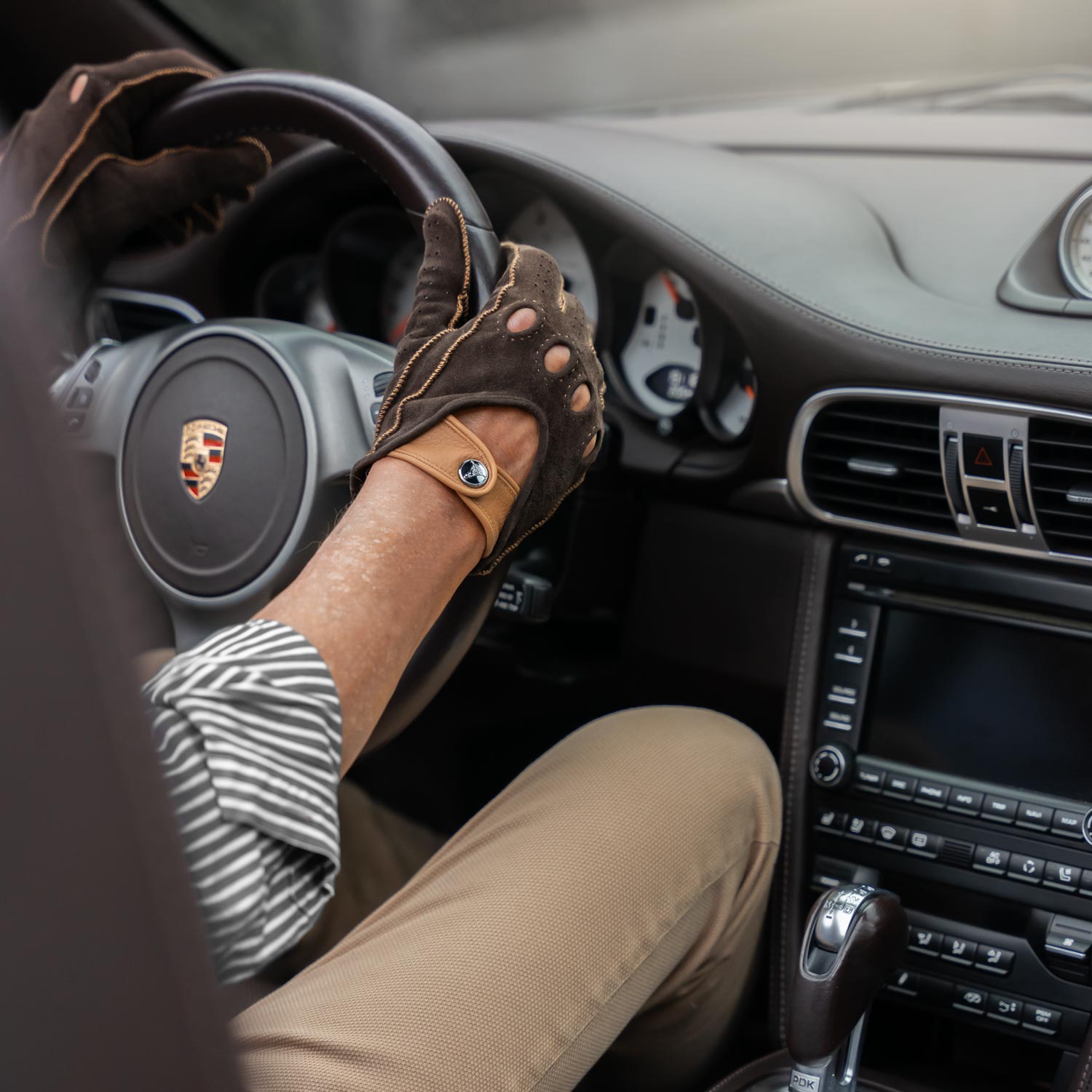 Brown leather suede italian driving gloves porsche