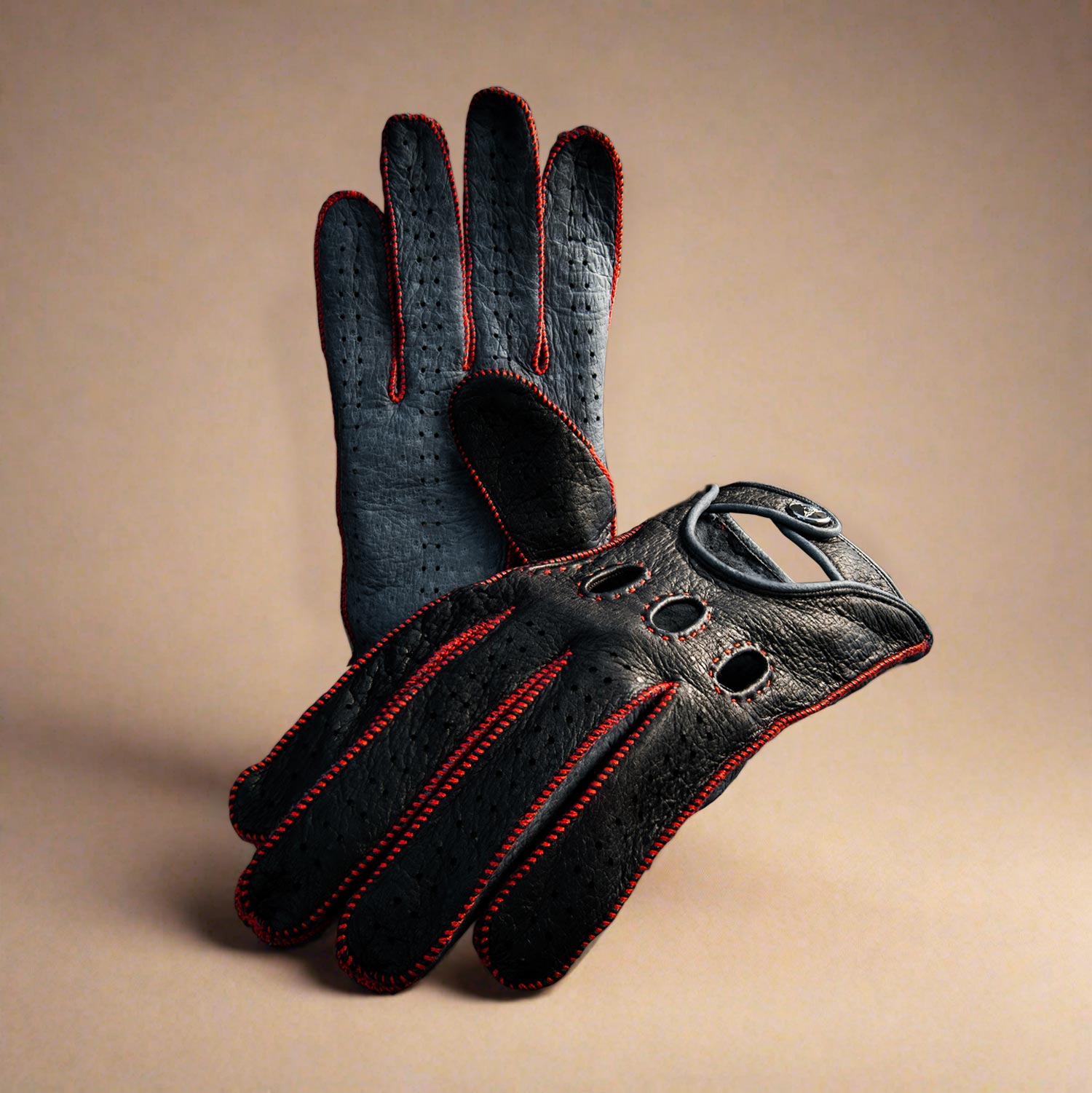Leather red black driving gloves for men