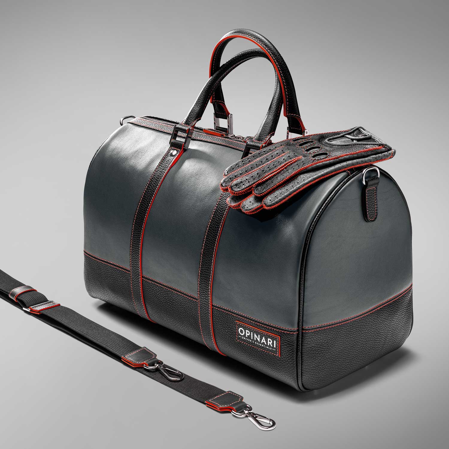 Duffle bag grey black red leather details Italian handcrafted