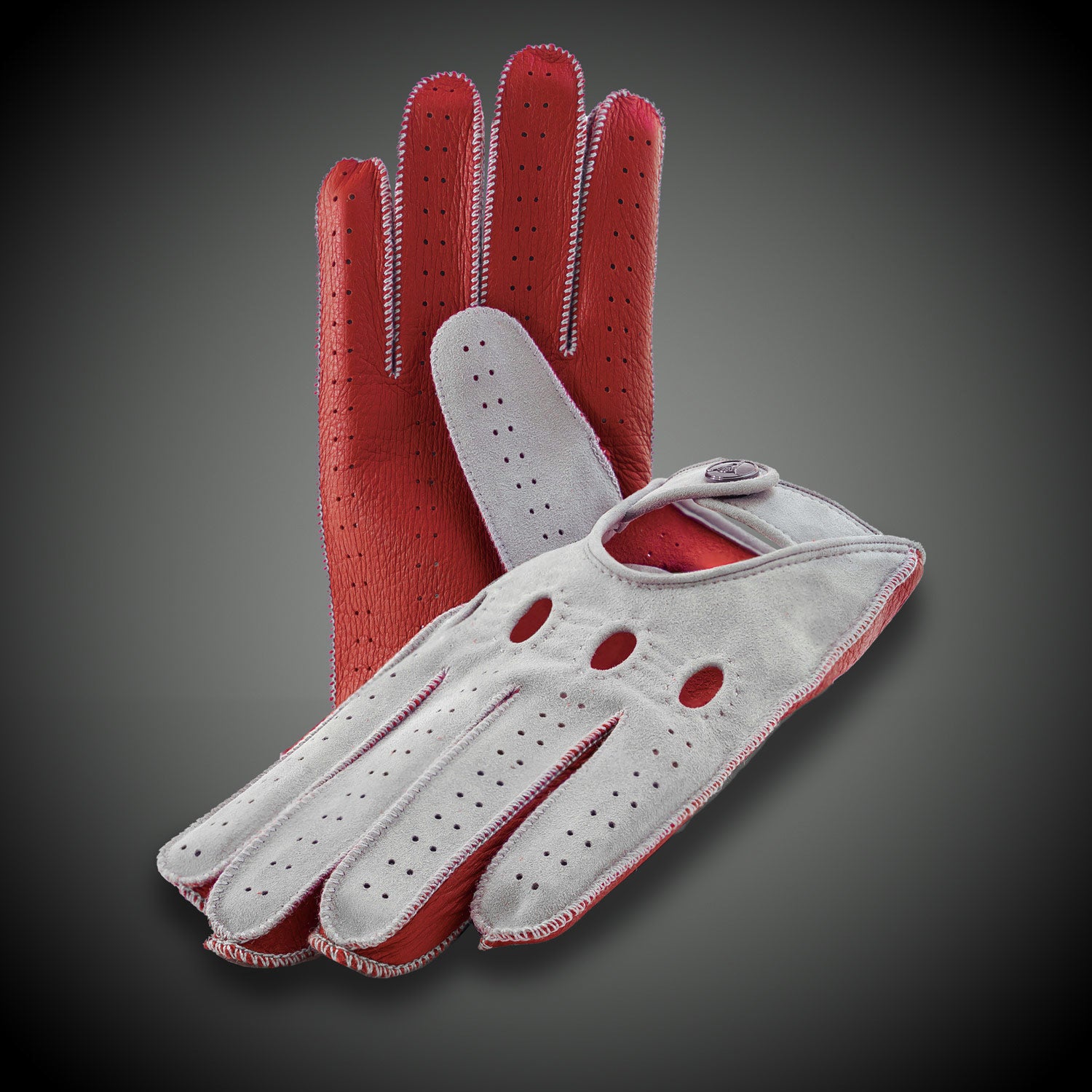 Grey red suede leather driving gloves, handcrafted in Italy