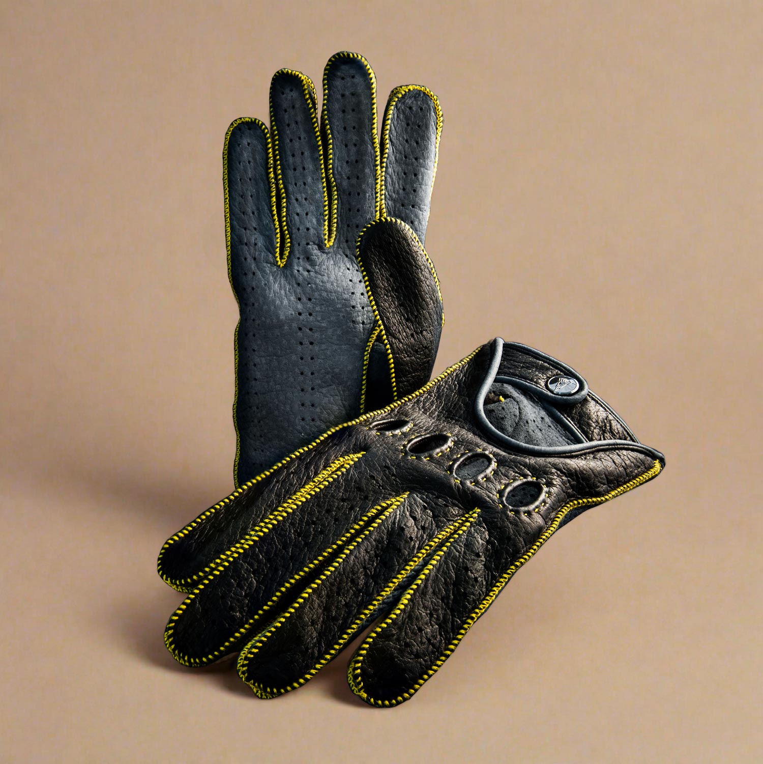Leather men's driving gloves yellow black grey