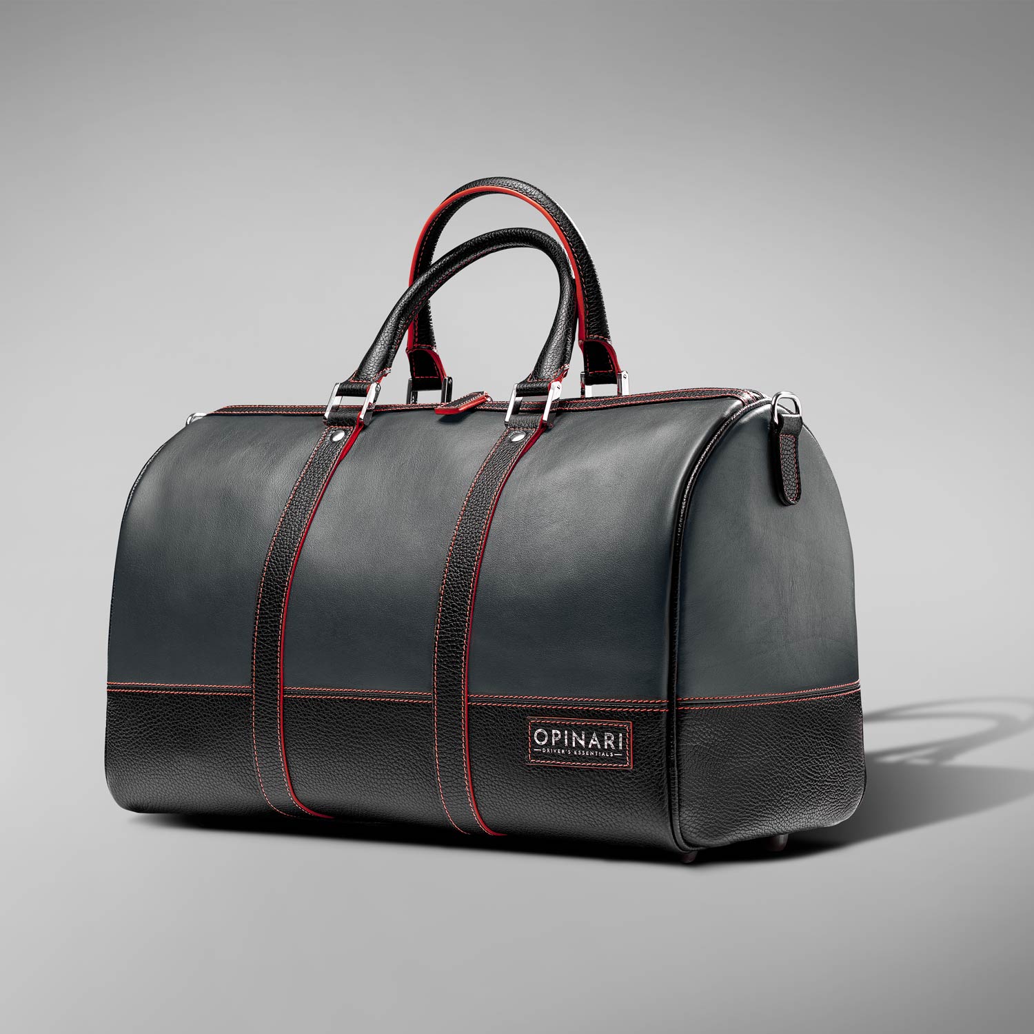 Italian leather duffle bag black grey red
