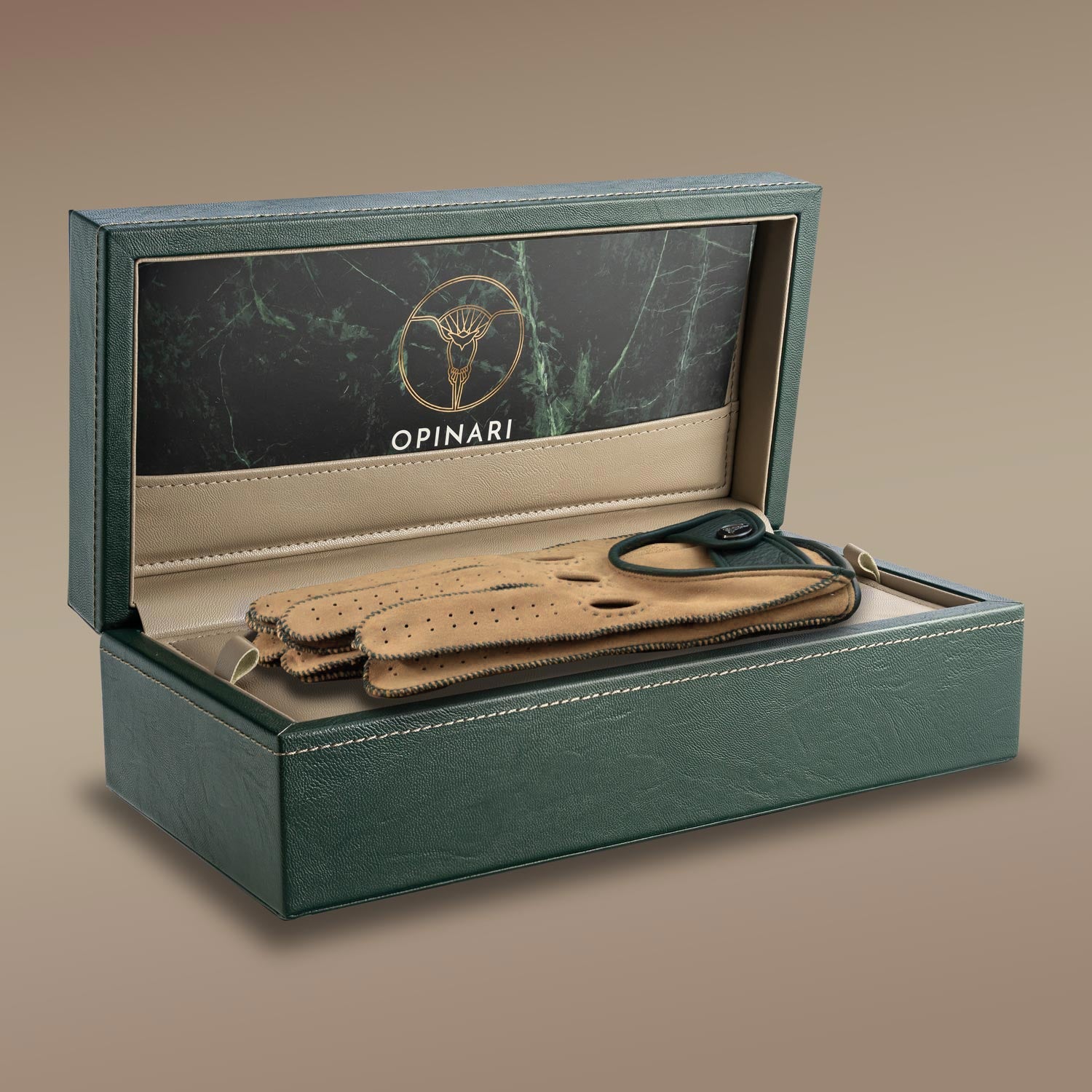 Sand green Italian handcrafted driving gloves in a green watch box