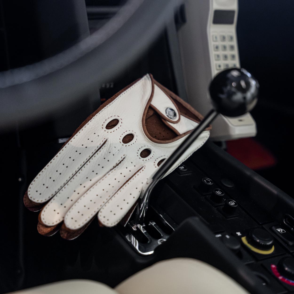White brown leather men's driving gloves 