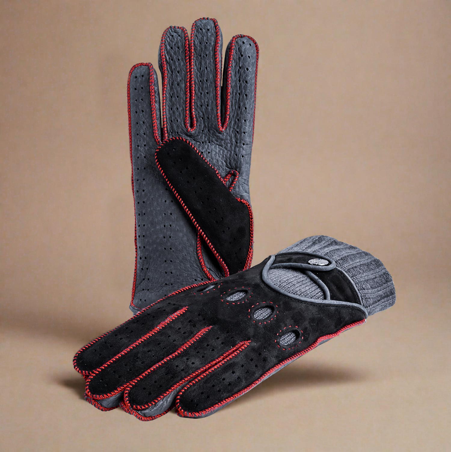 Luxury winter driving gloves handcrafted in Italy black red grey