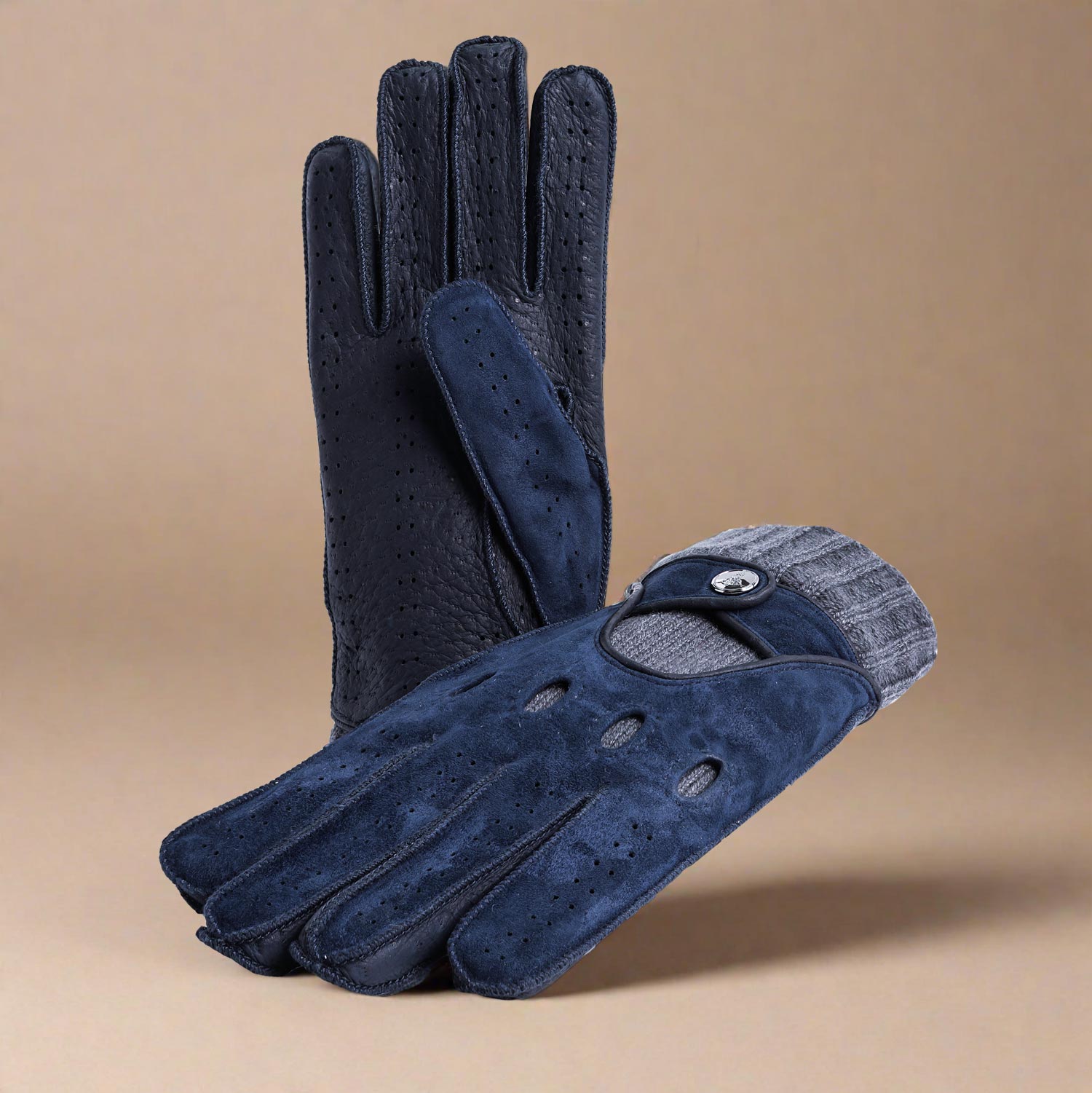 Winter driving gloves leather men blue