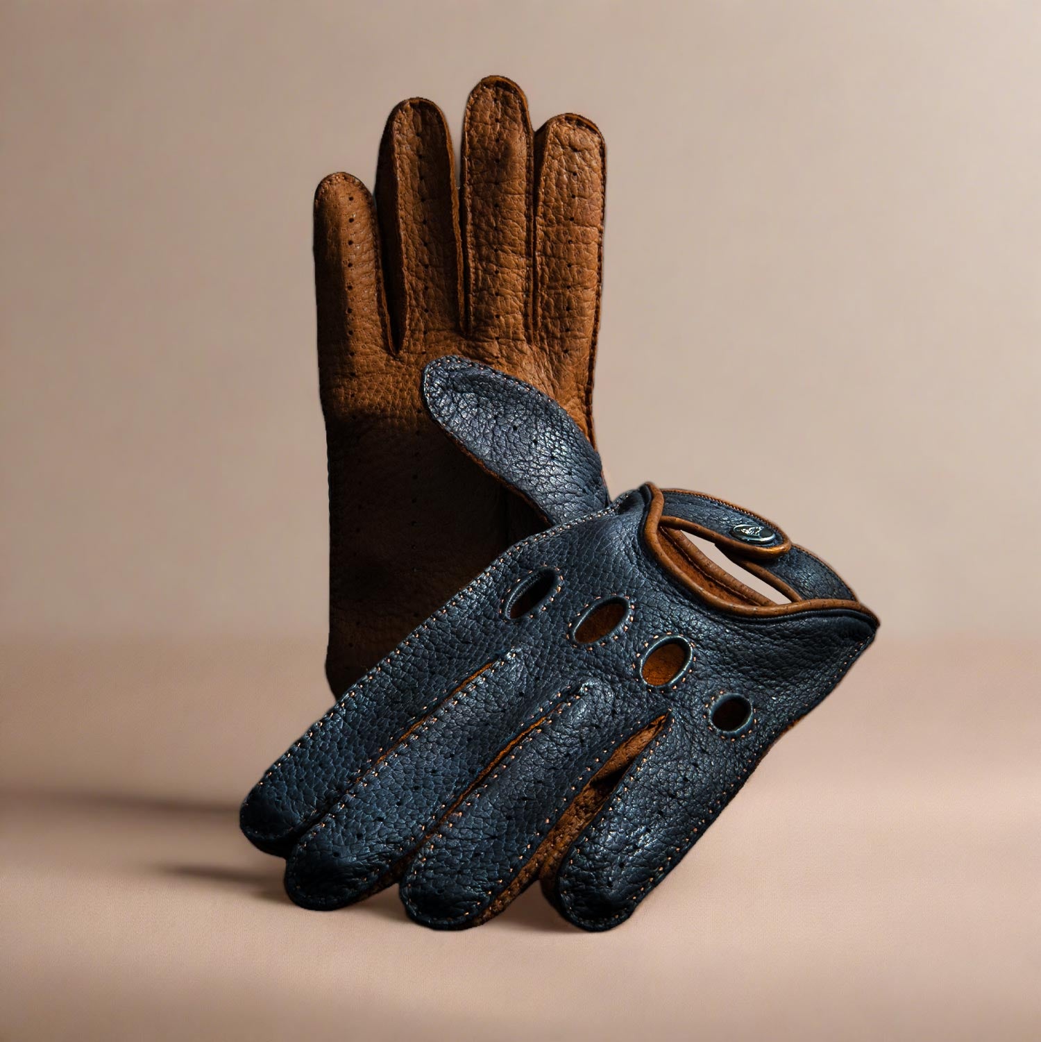 Blue brown leather italian classic driving gloves