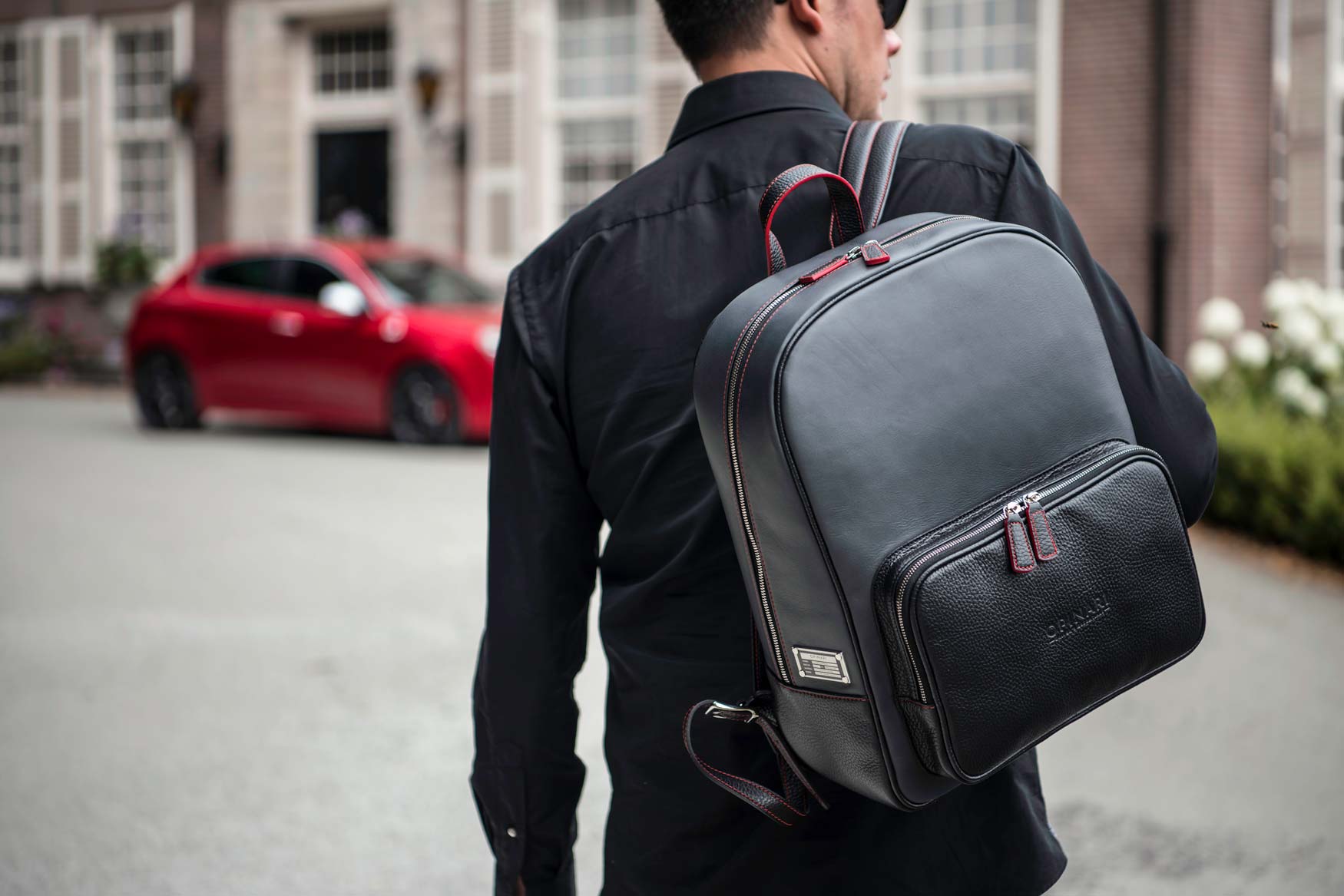 Grey black red car backpack
