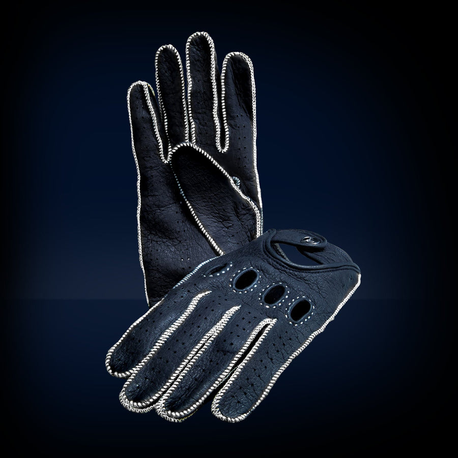 Blue white leather driving gloves 