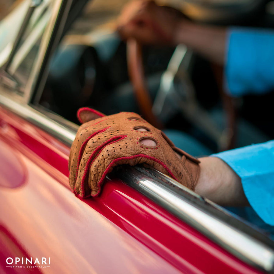 Strada Facendo brown/red driving gloves - made on request - Opinari - Driver's Essentials